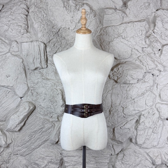 Lauren Ralph Lauren Triple Buckle Leather Wide Waist Belt EspressoL